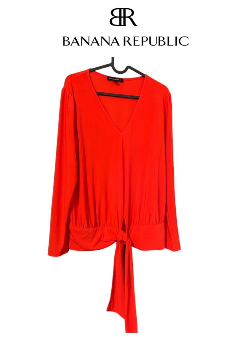 Banana Republic Bright Red V-Neck Tie-Waist Long Sleeve Top